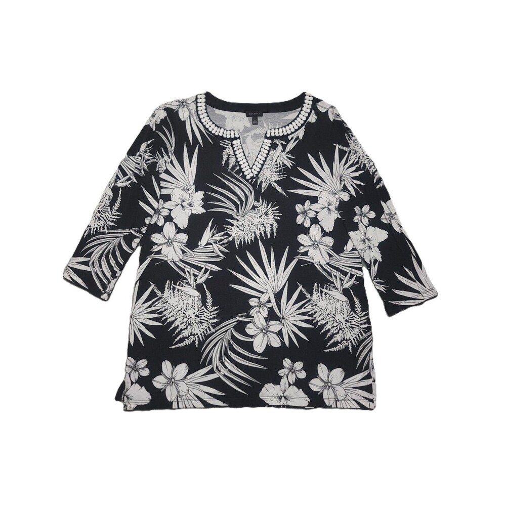 Talbots Split Neck Tropical Tunic Top Size S Black White 3/4 Sleeve Blouse